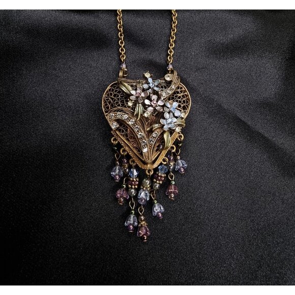 Vintage-Inspired SWEET ROMANCE Signed Floral Heart Long Locket Necklace With Cry - Picture 1 of 7